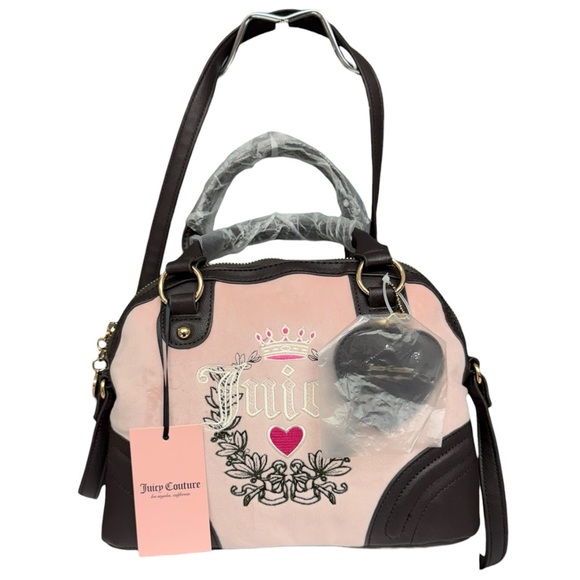 Juicy Couture Handbags - Juicy Couture Pink Diamond Heritage Satchel Pink Velour Brown Trim Y2K Velour